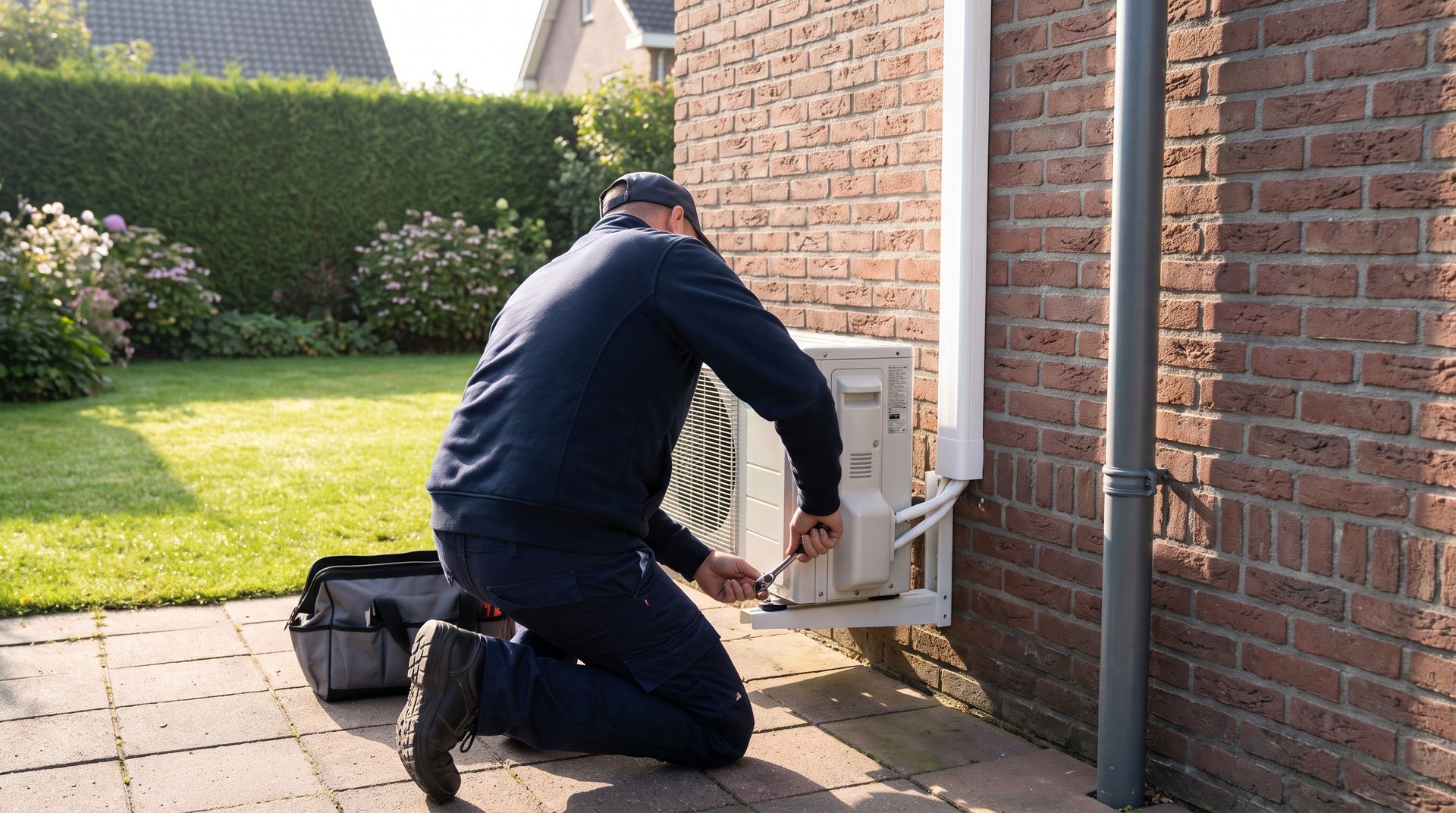 Een monteur in donkerblauwe werkkleding, op de rug gezien, draait een beugel vast van een buitenunit die laag aan de achtergevel hangt, met de leidingen in een witte goot langs de muur.