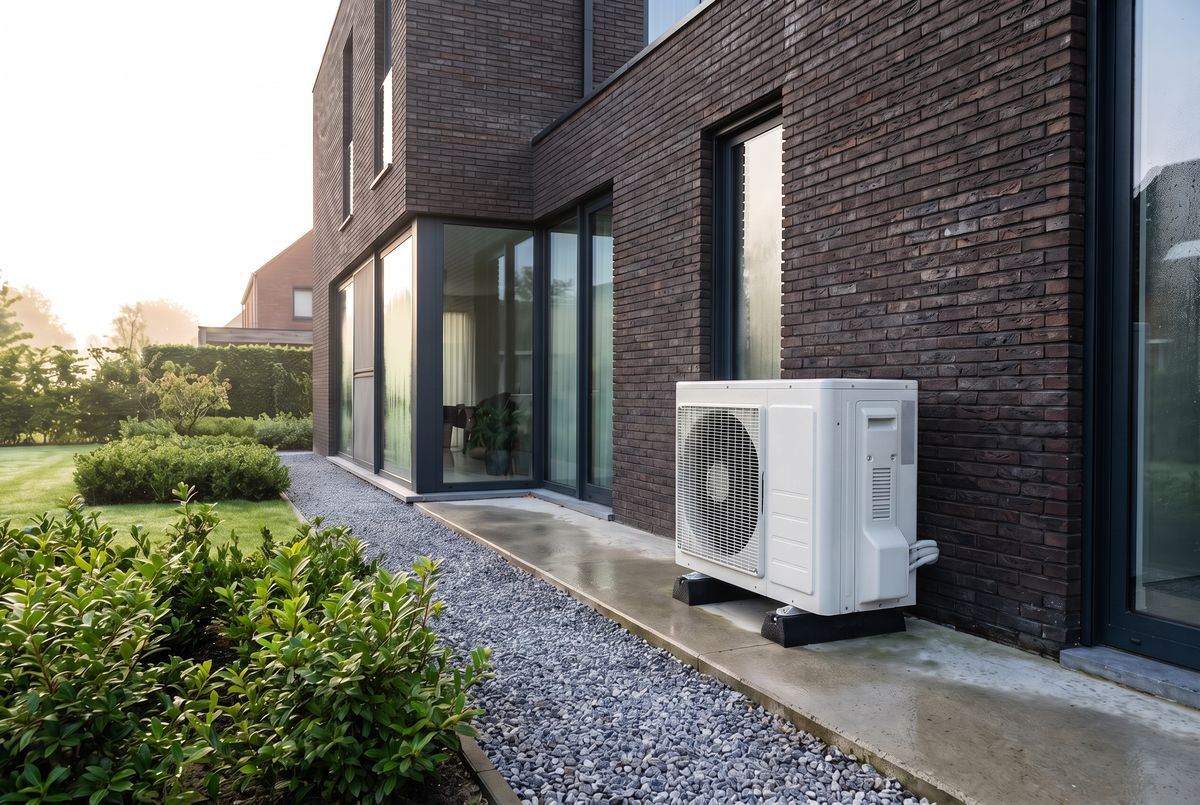Een witte buitenunit van een warmtepomp op rubbervoeten naast een moderne woning met donkere baksteen.