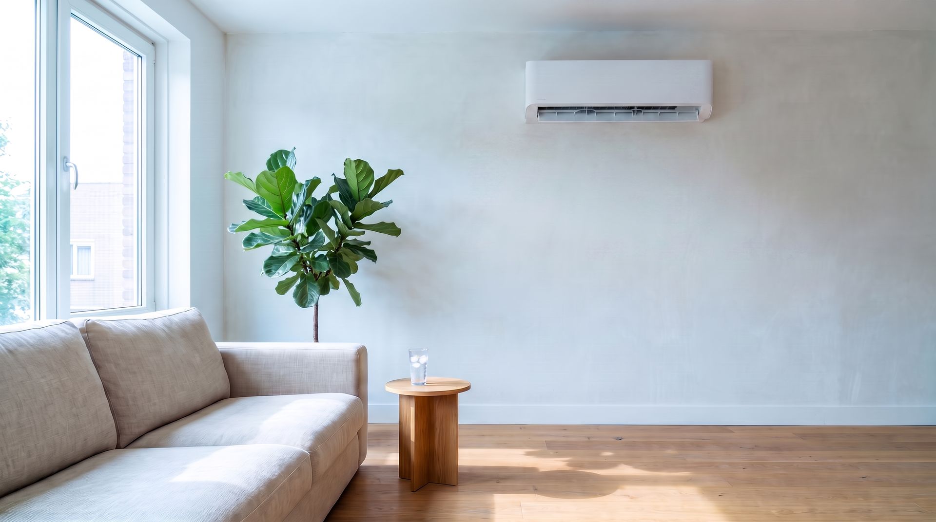 Een lichte woonkamer op een hete zomermiddag, met een witte wandunit hoog aan de muur en een glas ijswater op het bijzettafeltje.